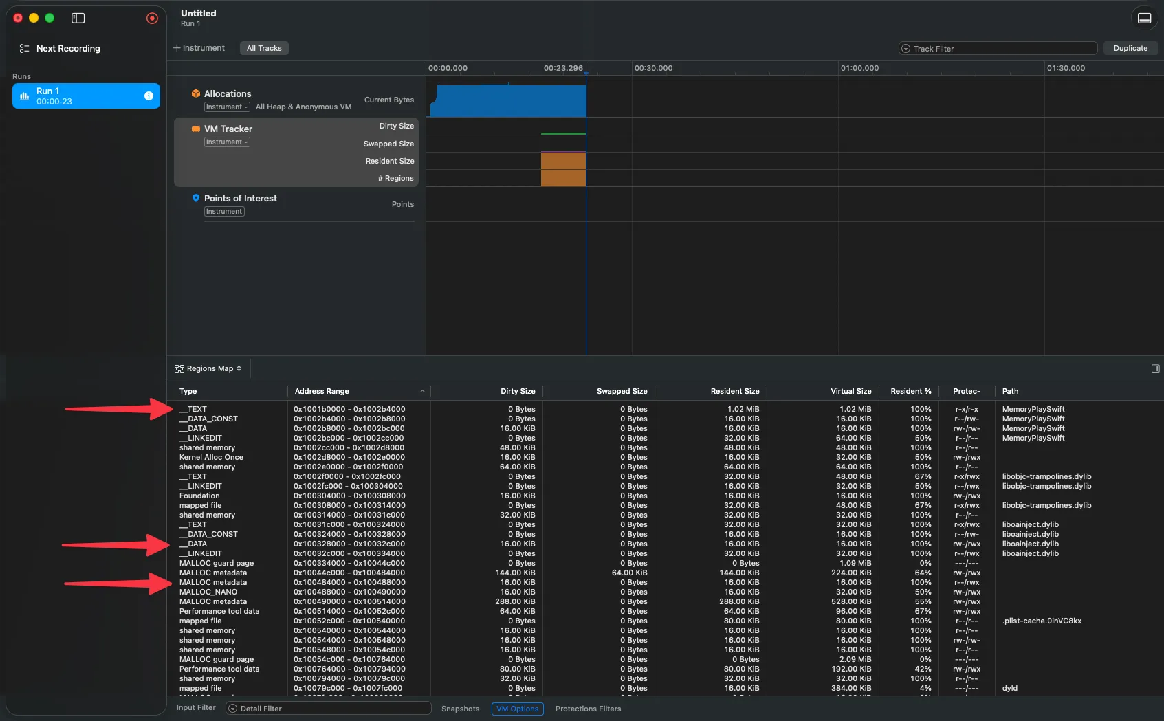 VM Tracker mostrando el Regions Map con segmentos __TEXT, __DATA y regiones MALLOC del Heap