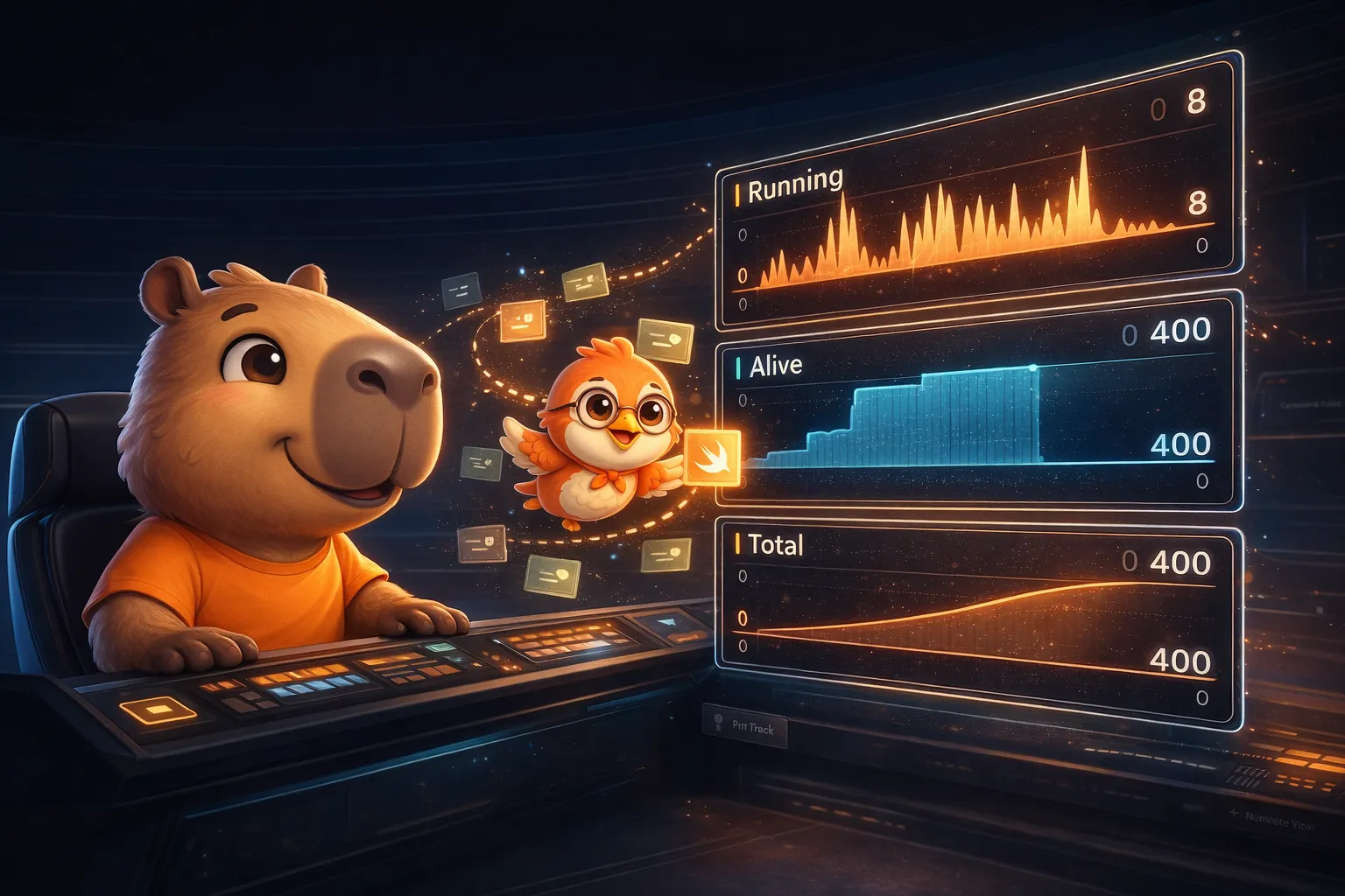 The capybara and Swift bird monitoring the three Swift Tasks histograms: Running, Alive, and Total