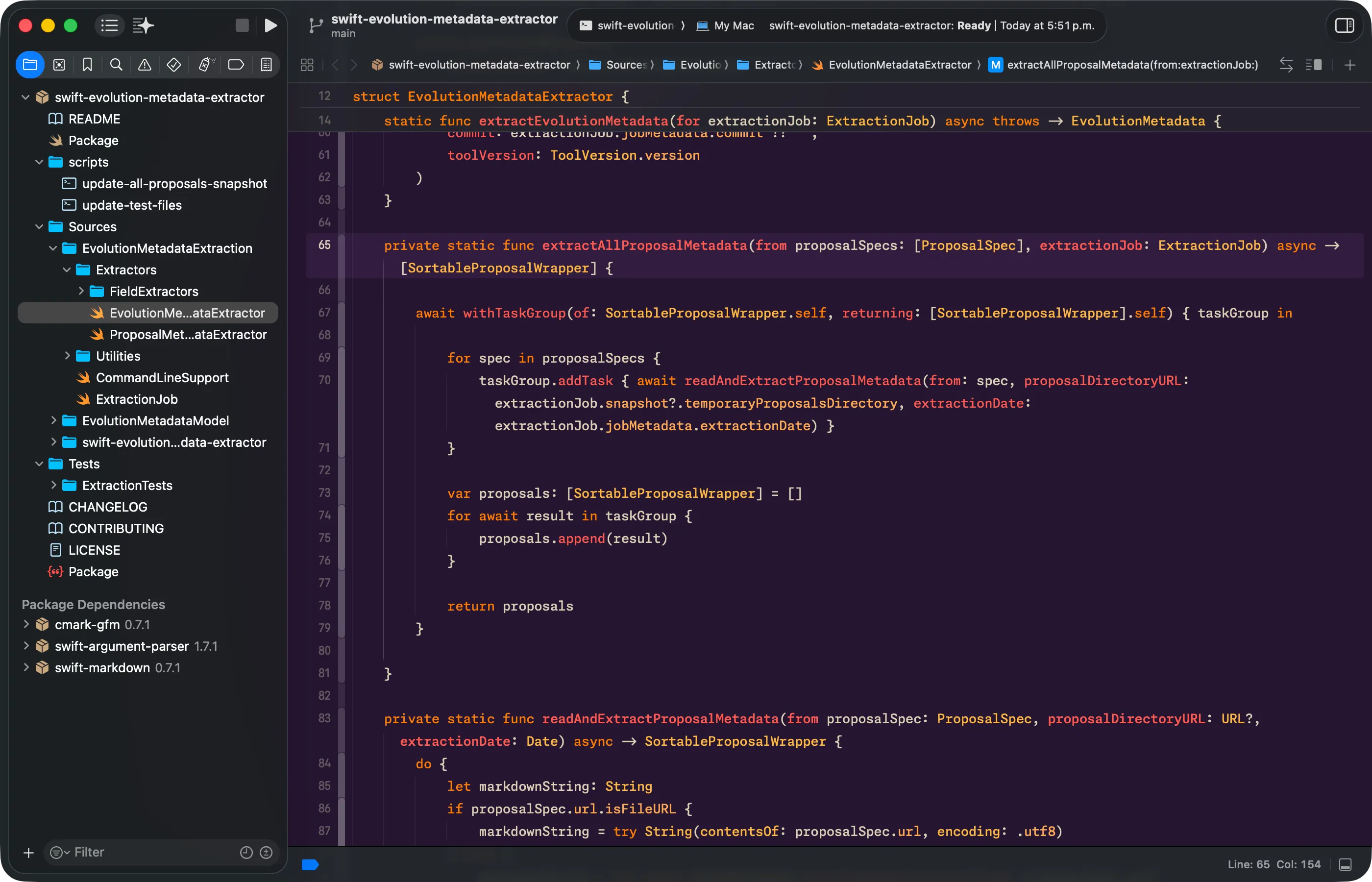 Xcode with the swift-evolution-metadata-extractor project open, showing EvolutionMetadataExtractor.swift with the TaskGroup that processes proposals in parallel