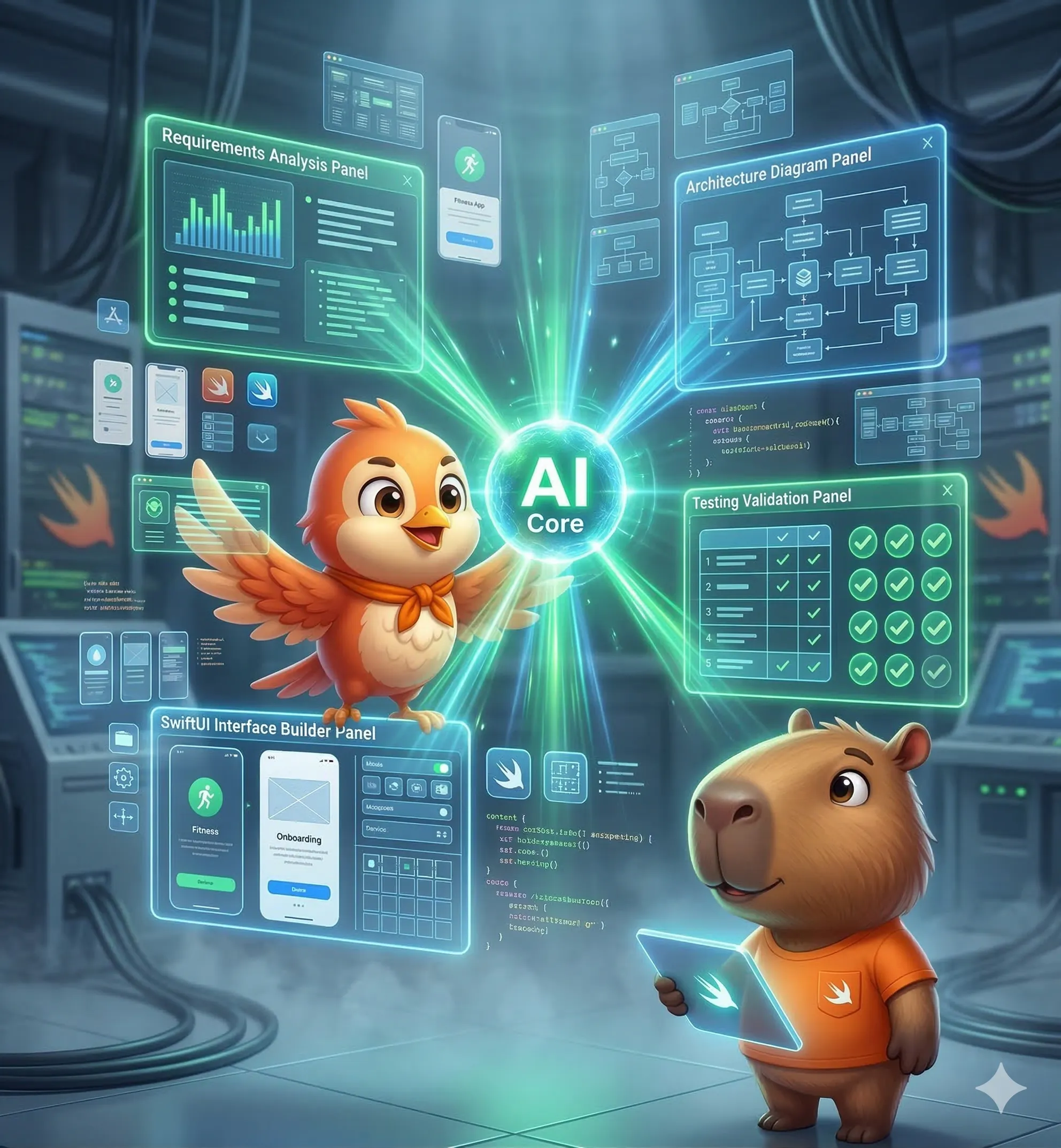 Four specialized agents working in parallel with a central AI Core coordinator