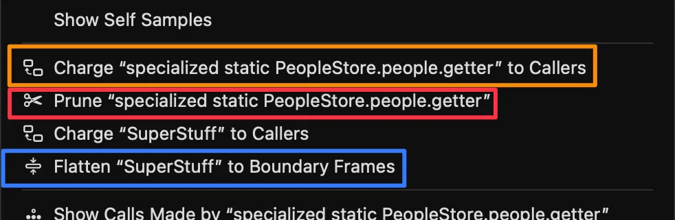 Call Tree context menu showing Flatten, Prune, and Charge options in Instruments