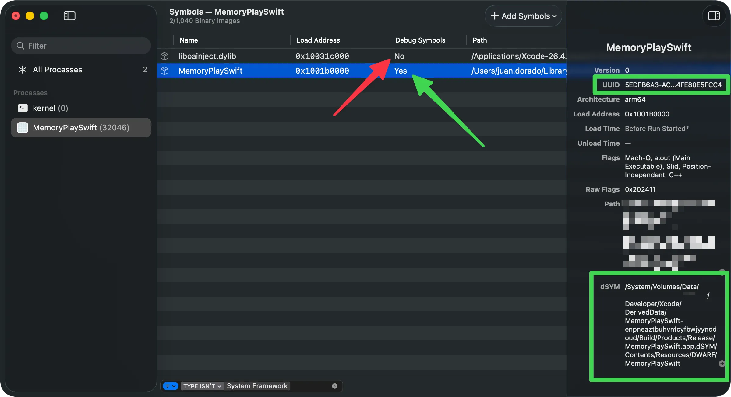 Ventana de Symbols: Debug Symbols "Yes" para MemoryPlaySwift vs "No" para liboainject.dylib, con UUID y ruta al dSYM