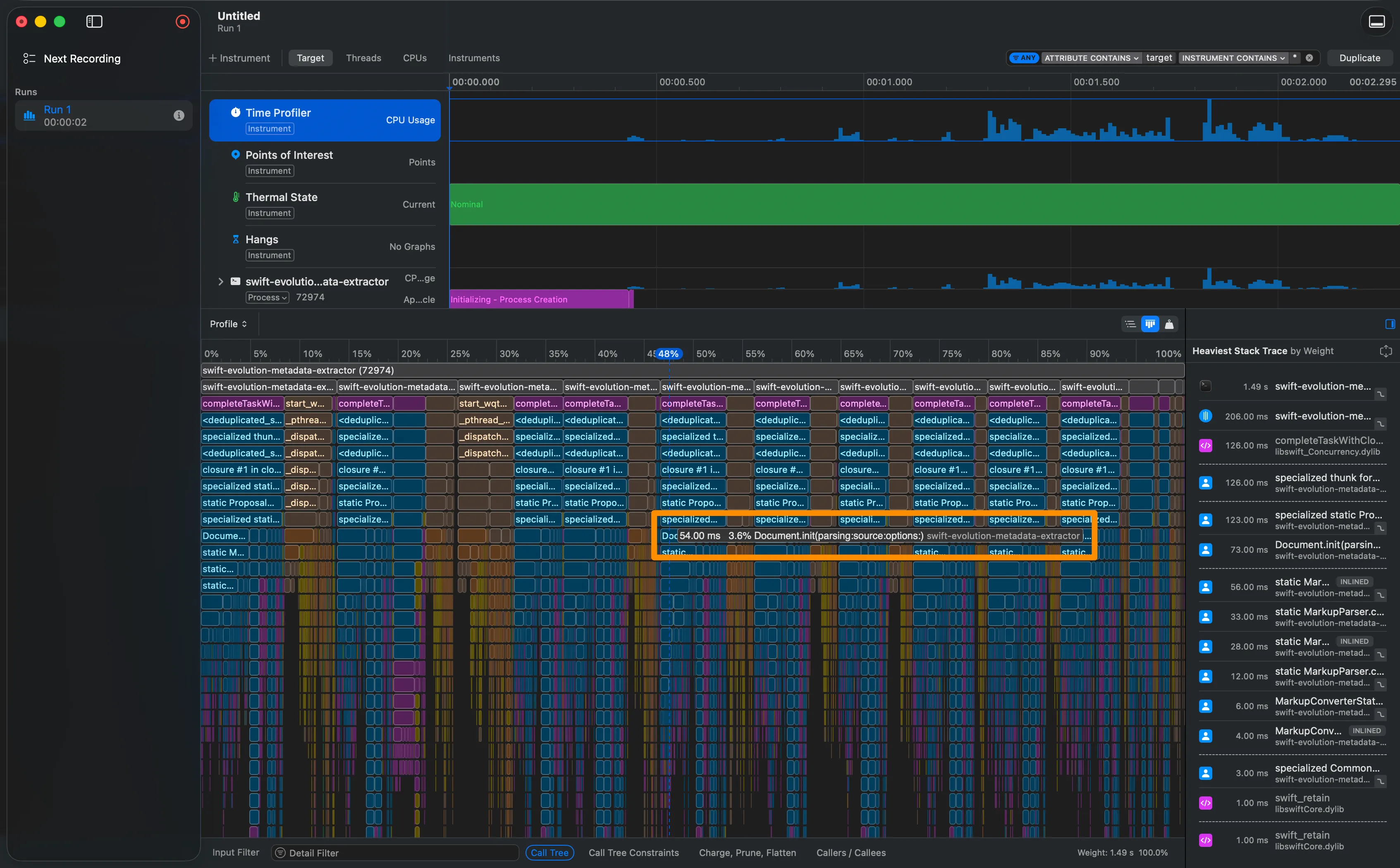 Flame Graph of the Swift Evolution Metadata Extractor in Time Profiler — hovering over Document.init(parsing:source:options:) reveals 54ms and 3.6% of total time