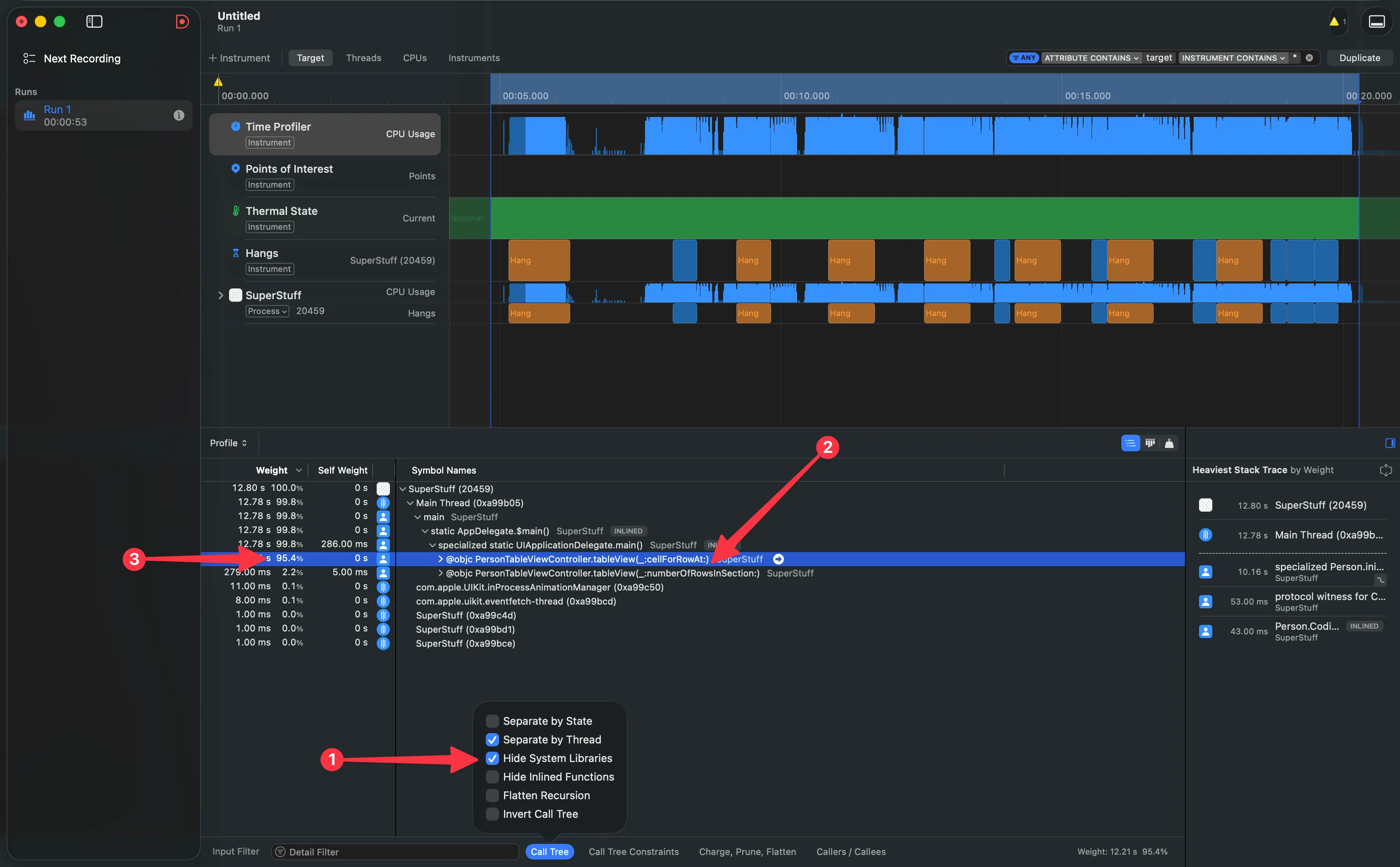 Hide System Libraries reveals that cellForRowAt consumes 95.4% of the time