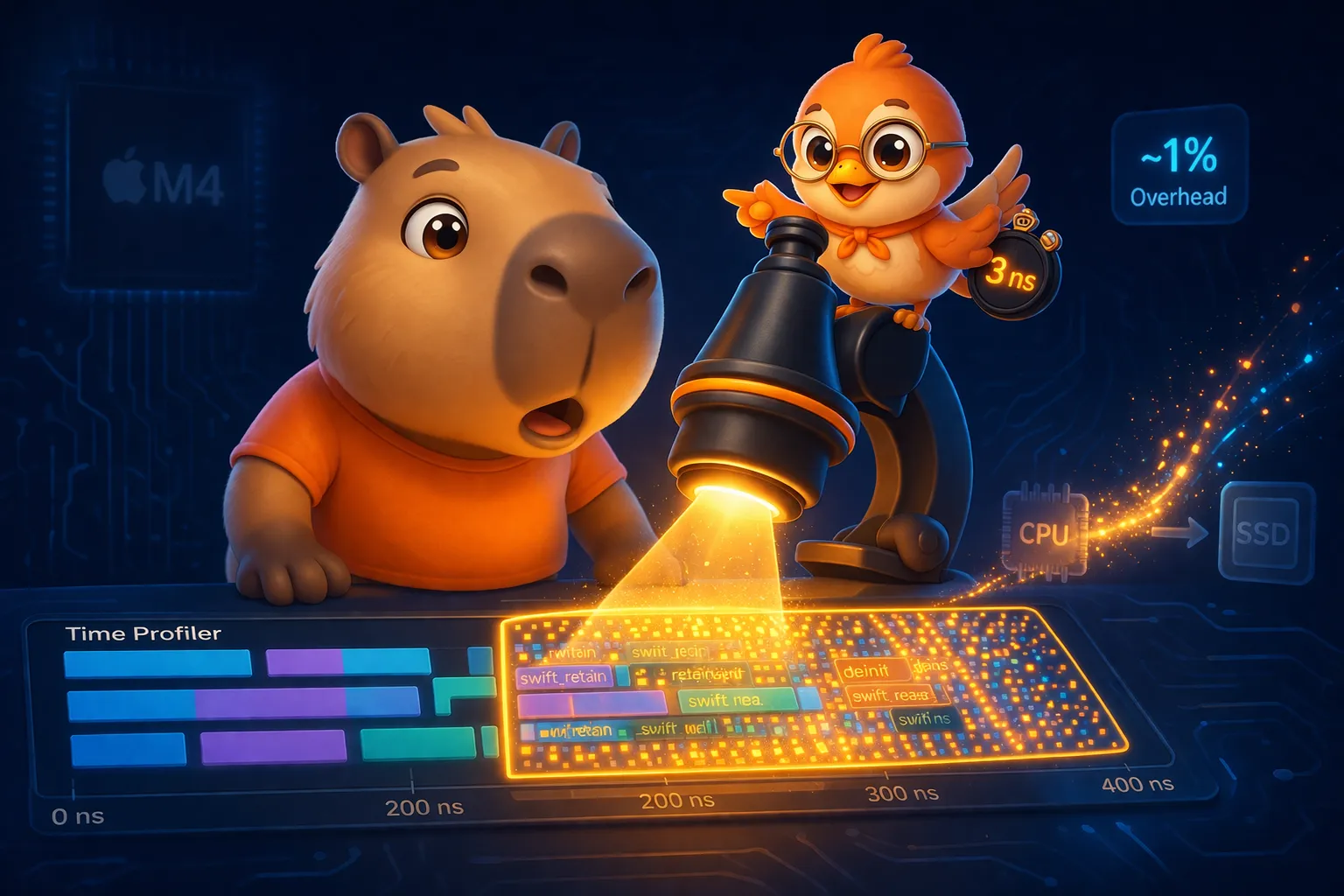 The capybara looking amazed through a microscope that reveals individual nanosecond instructions, while the Swift bird holds a 3ns stopwatch