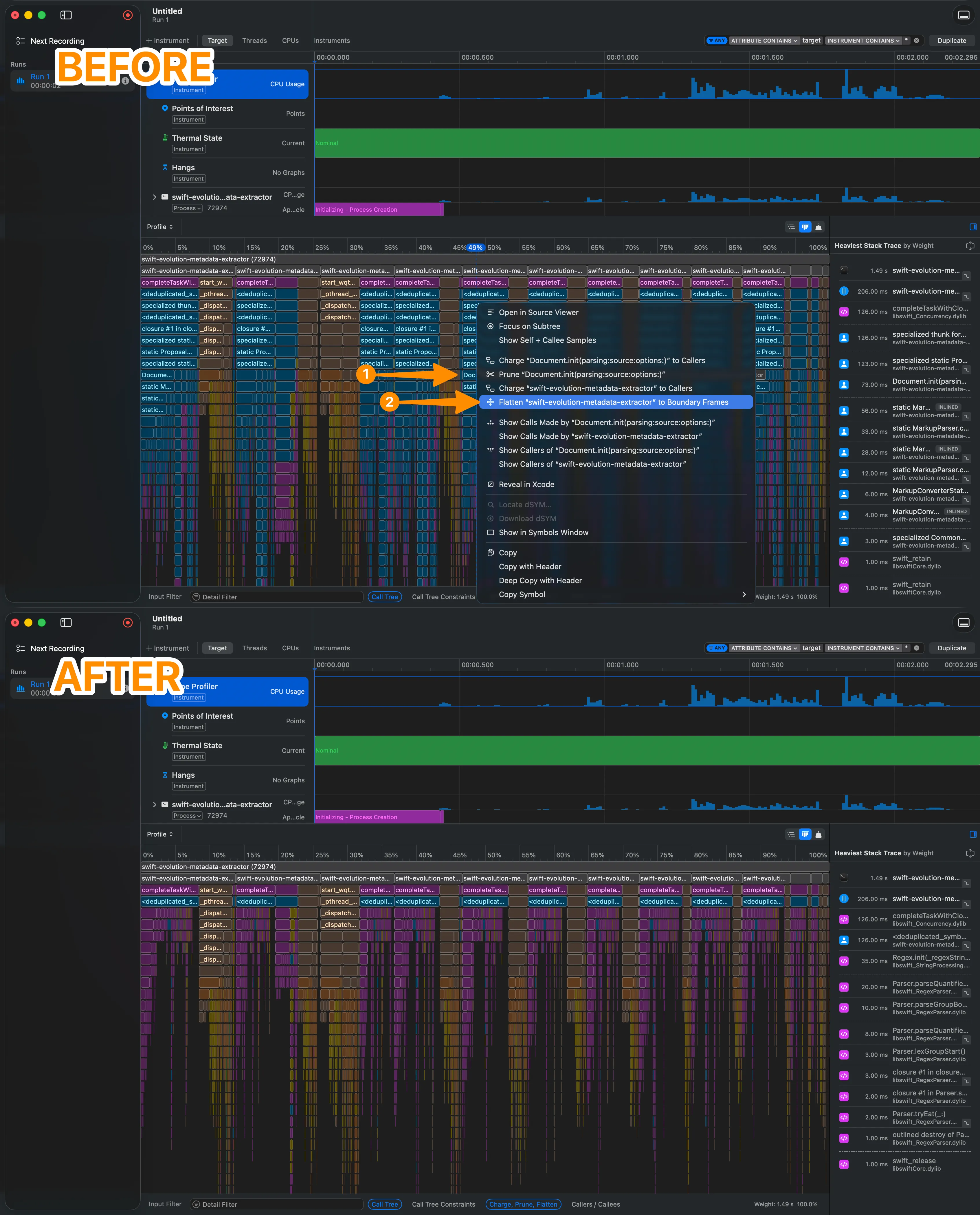 Before and after applying Flatten to Boundary Frames — the Flame Graph goes from 12+ dense levels to a clean view where only the code boundaries remain