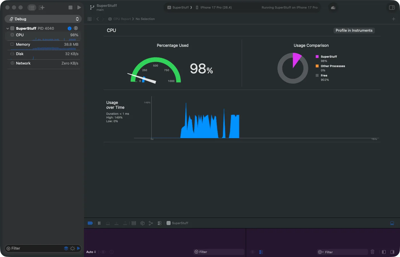 Xcode Debug Gauges mostrando CPU al 98% durante scroll — una señal de alarma inmediata