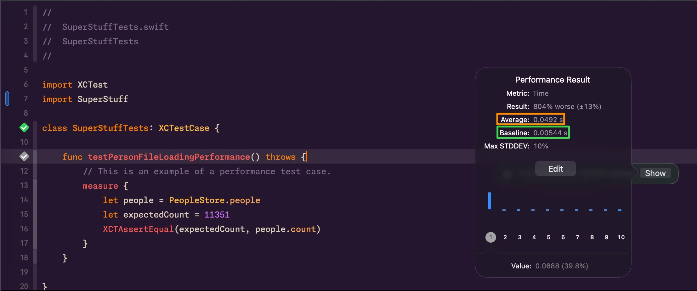 Performance test baseline popup in Xcode showing measurements and the baseline value
