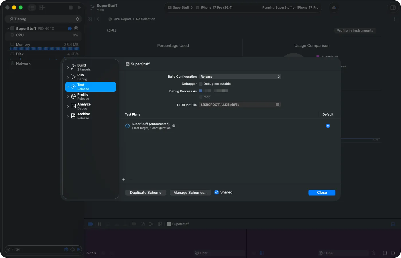 Configuración del Scheme: Test en Release con Debug executable desmarcado