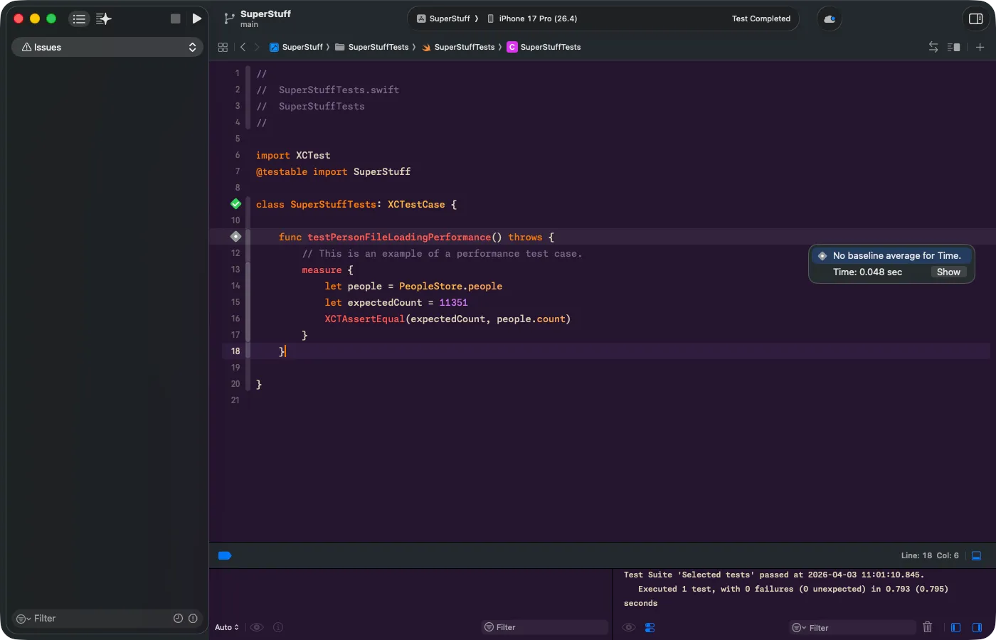 Test passed — tooltip showing "No baseline average for Time", Time: 0.048 sec and the Show button