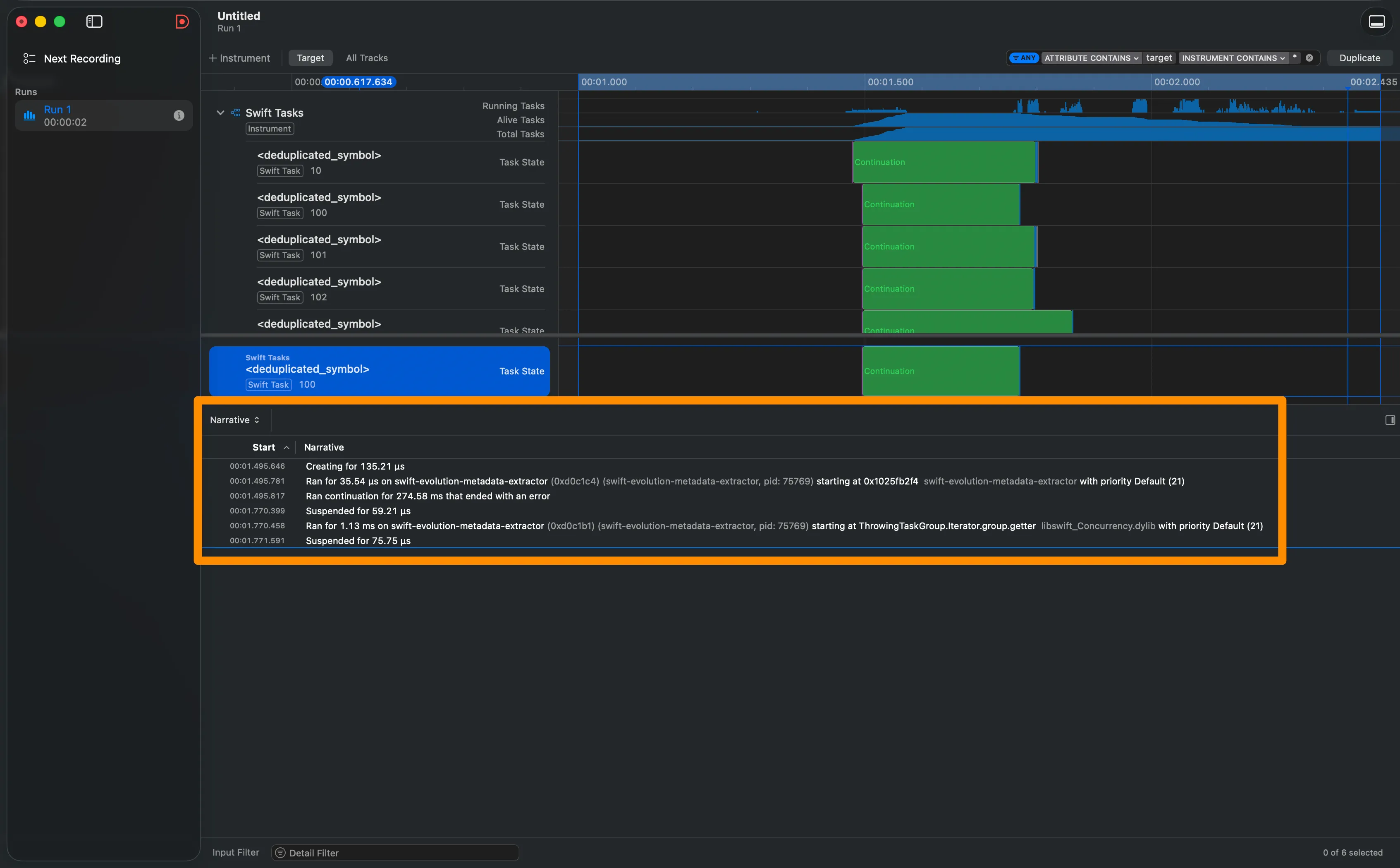 Narrative View of Swift Task 100 showing its complete biography: Creating, Running on one thread, Continuation, Suspended, and Running again on another thread