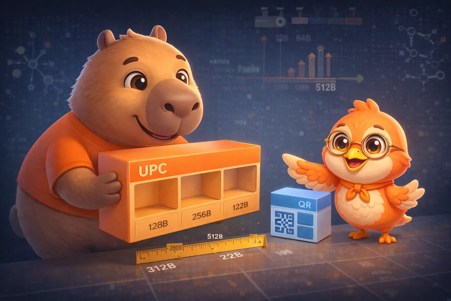 The capybara holding boxes of different sizes while the Swift bird explains the space each one takes