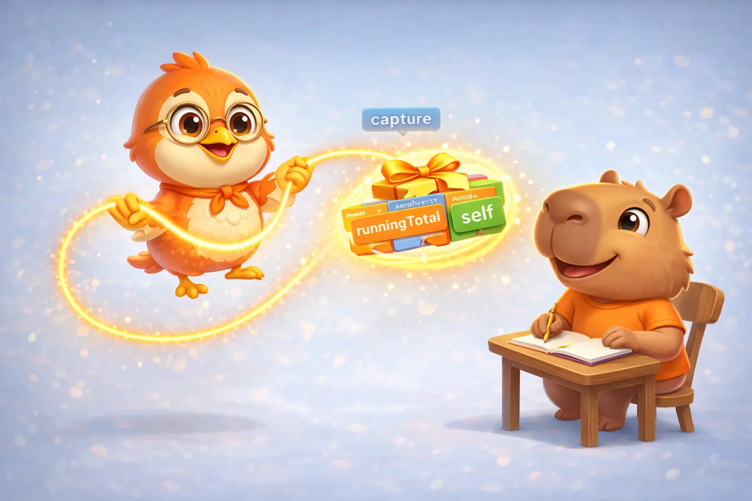 The Swift bird wrapping variables with a glowing lasso while the capybara watches