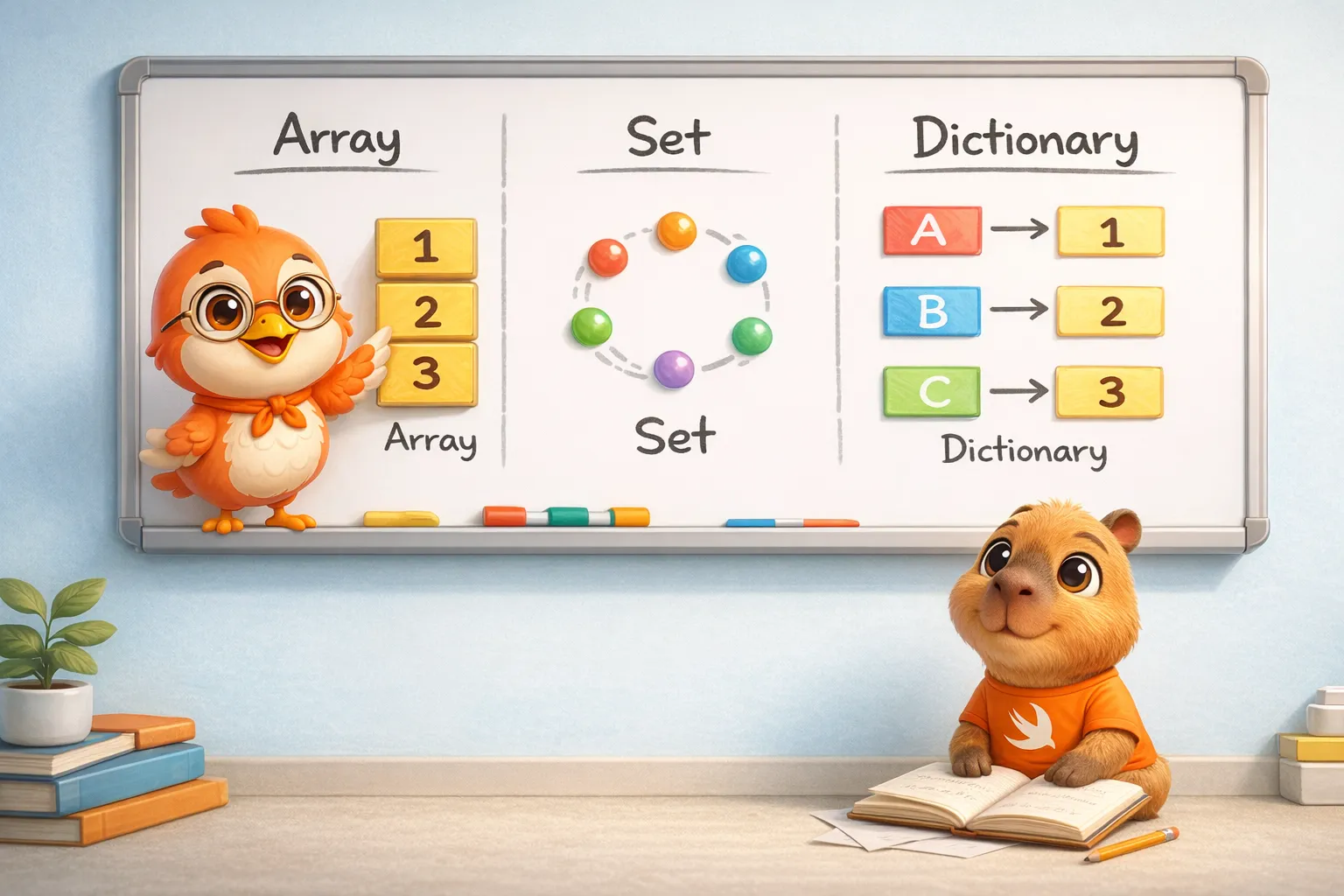 The Swift bird explaining the three fundamental collections to the capybara