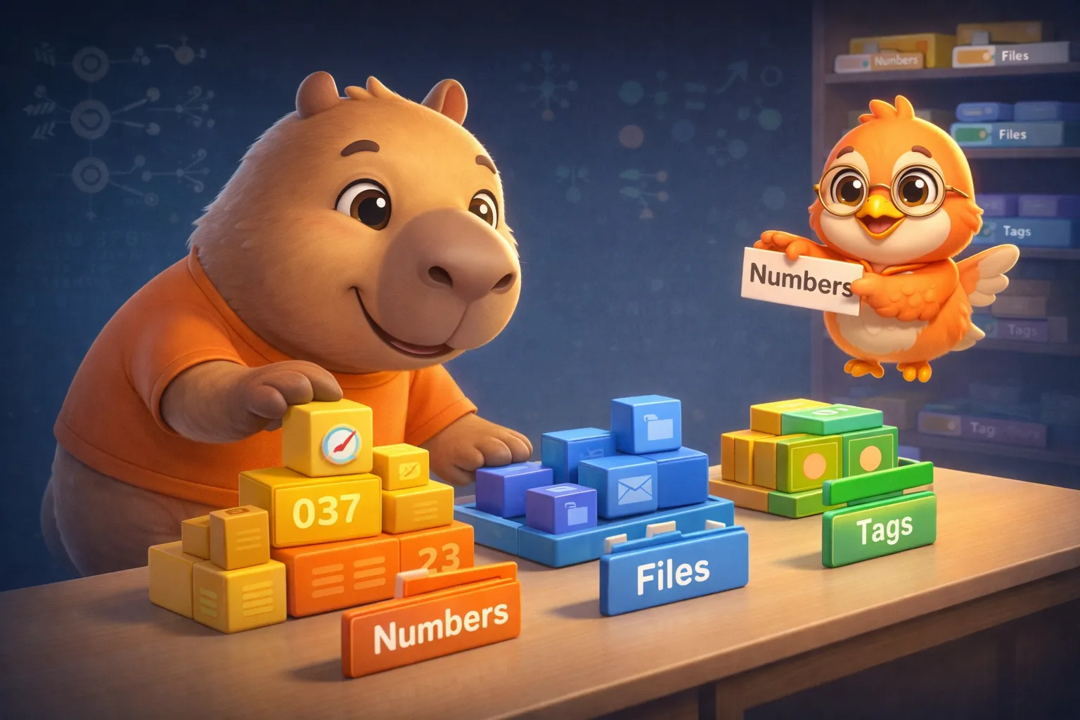 The Swift bird organizing colorful blocks labeled as enum cases while the capybara watches