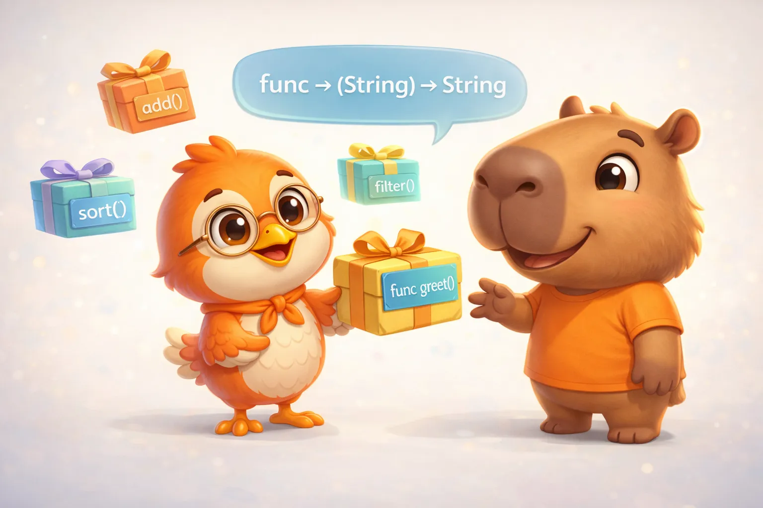 The Swift bird handing the capybara a function packaged like a gift