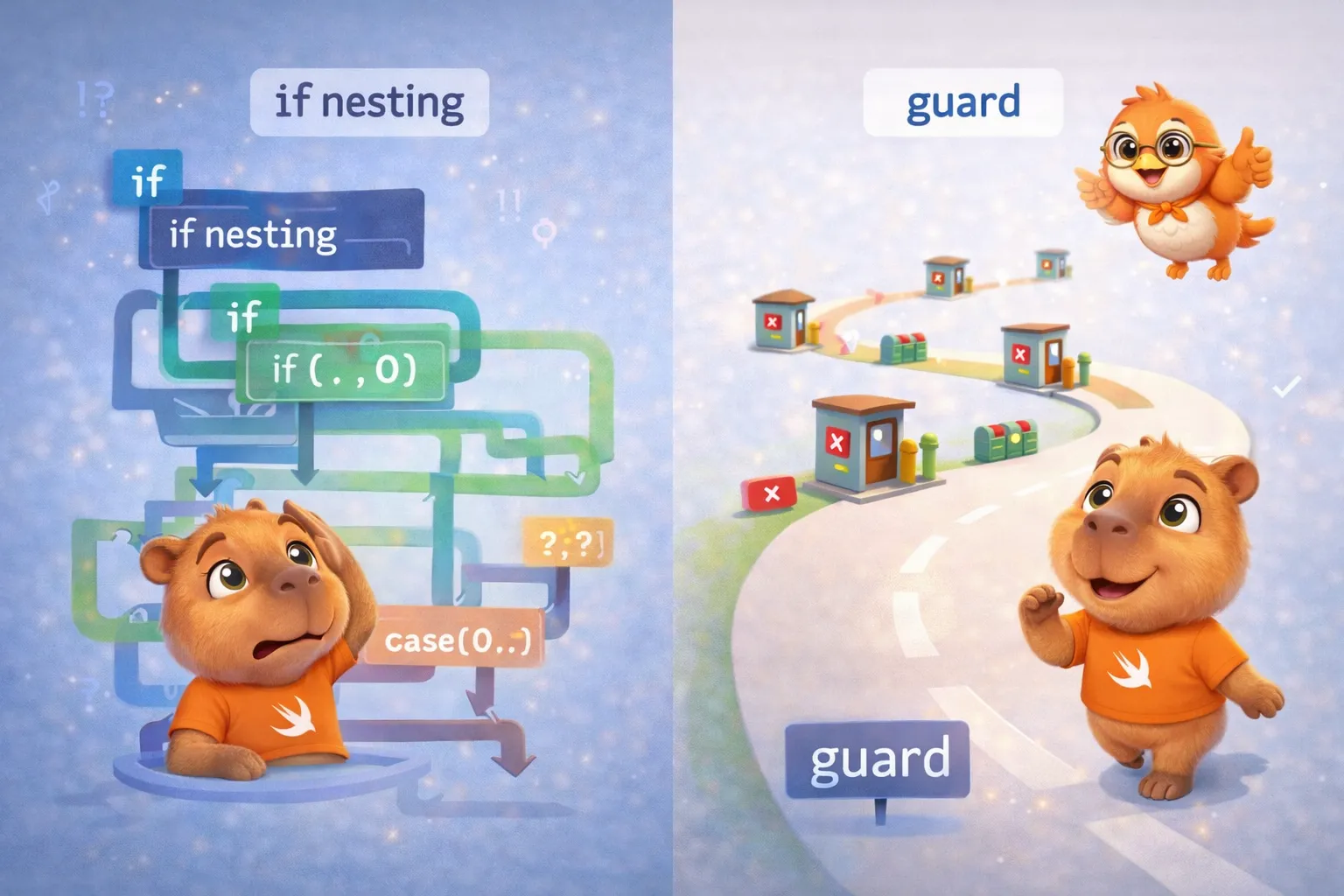 El capibara comparando código con if anidado (enredado) vs guard (limpio y lineal)