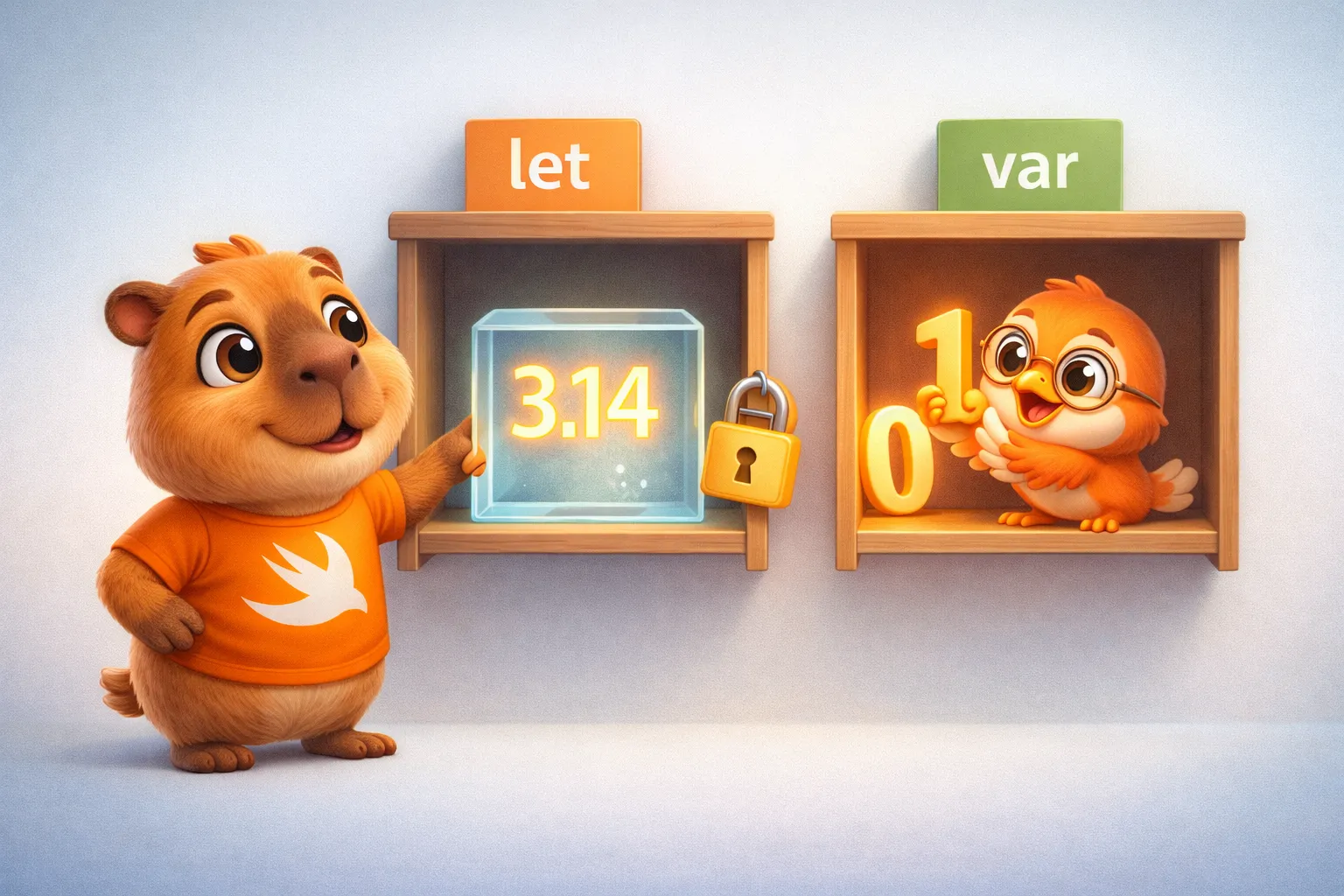 let is immutable like a locked box, var is mutable and can change its contents