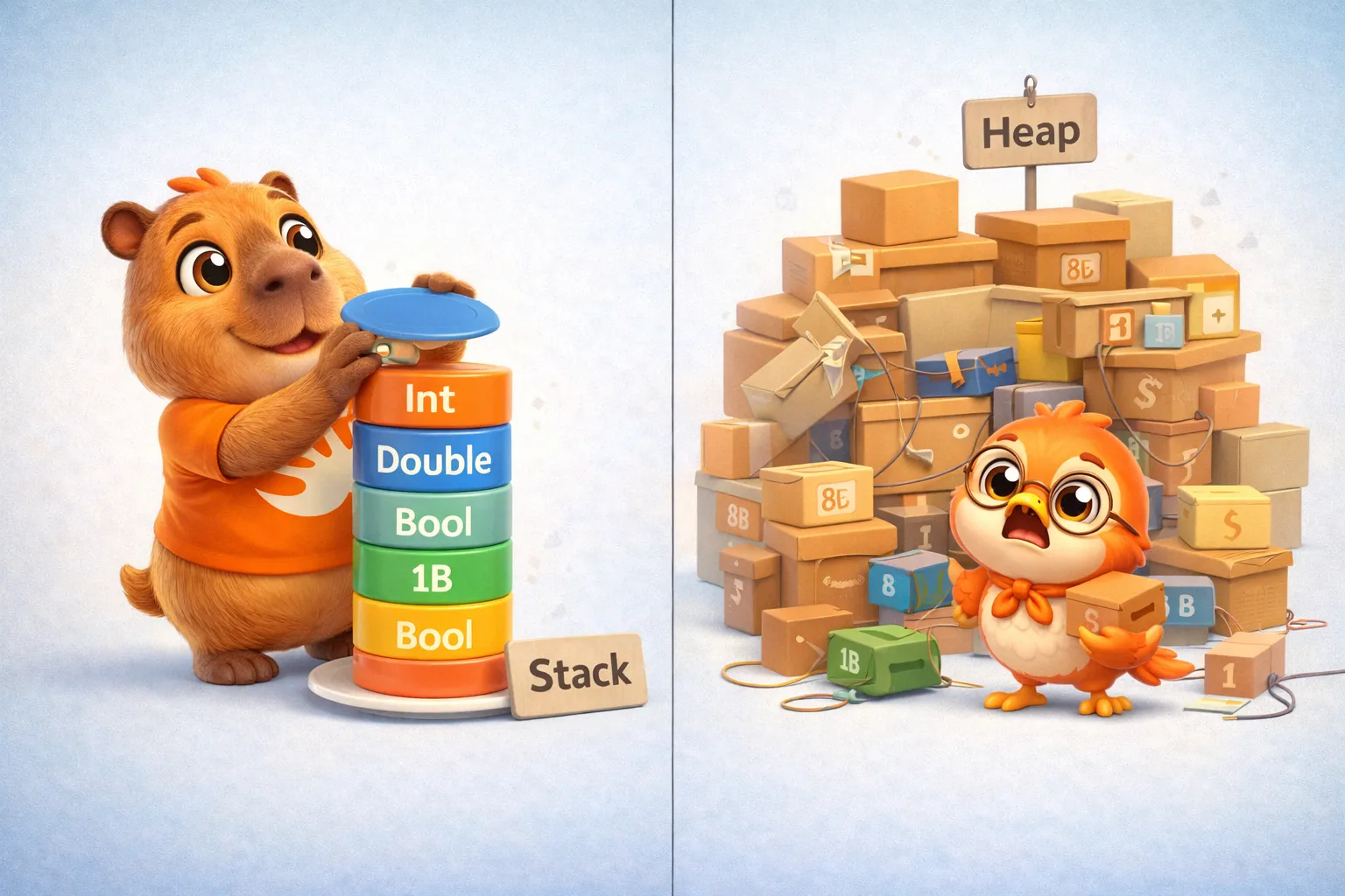 The Stack is a neat, fast pile; the Heap is a flexible but costly storage room