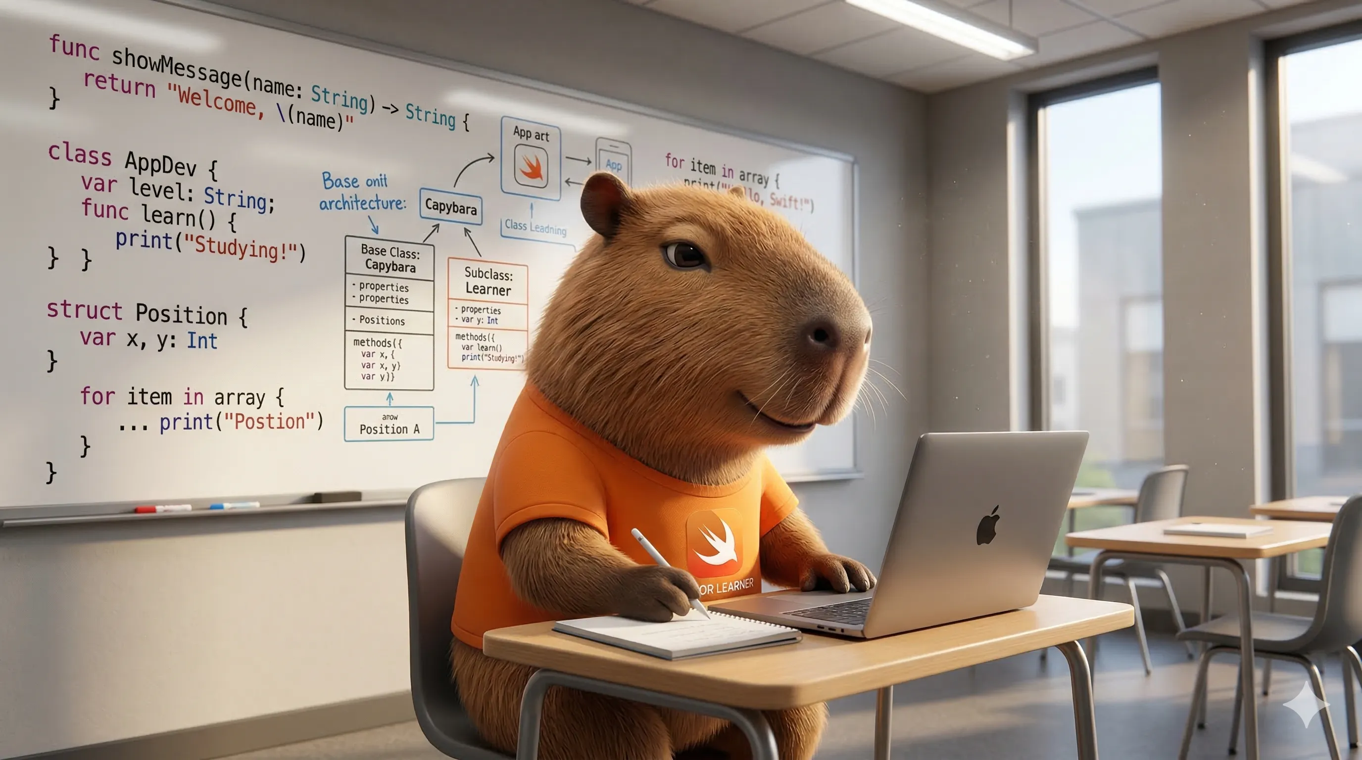 Capi taking notes in class