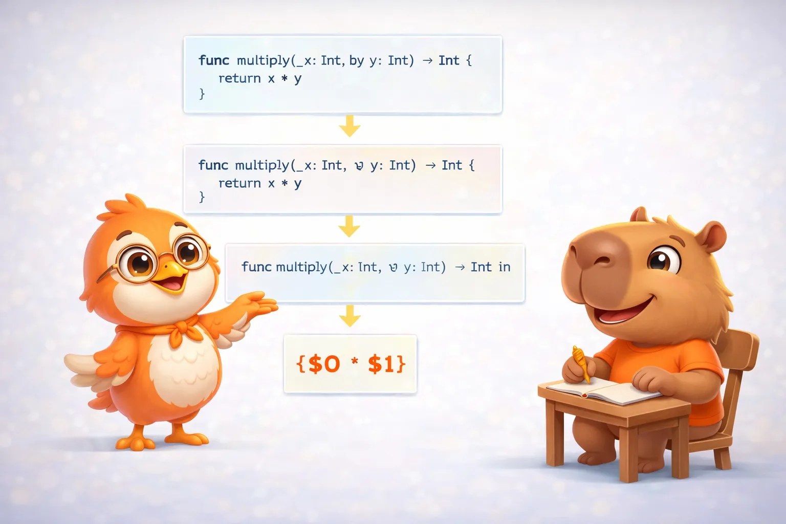 The Swift bird simplifying code step by step like a chef reducing a sauce