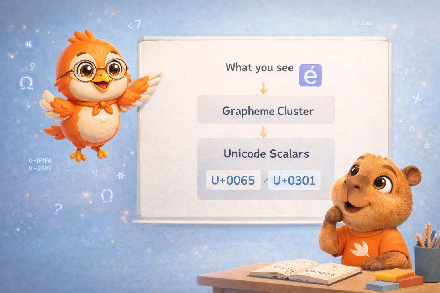 The Swift bird explaining Unicode to the capybara with floating characters