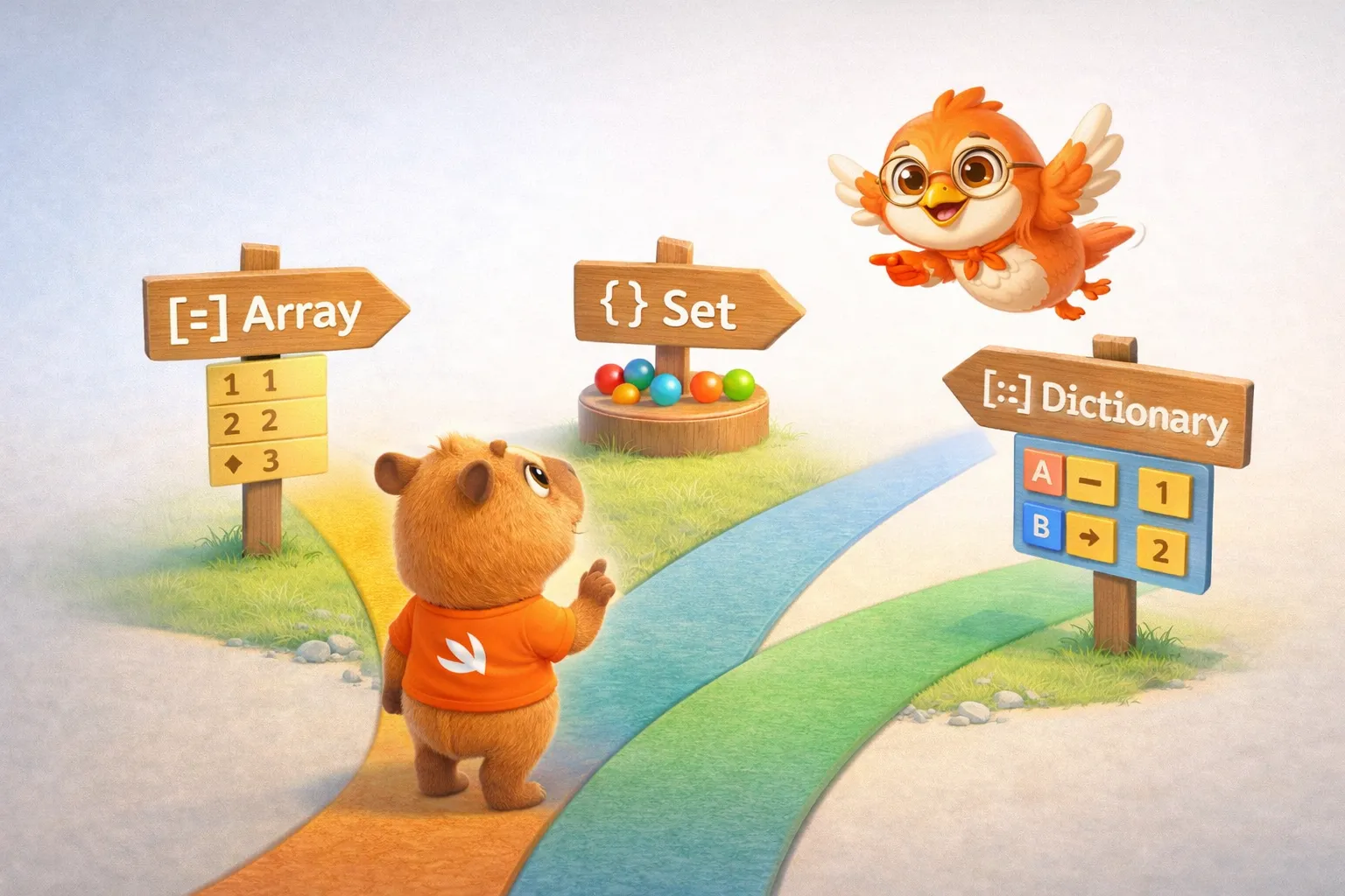 The capybara thinking about which collection to choose while the bird points the right way